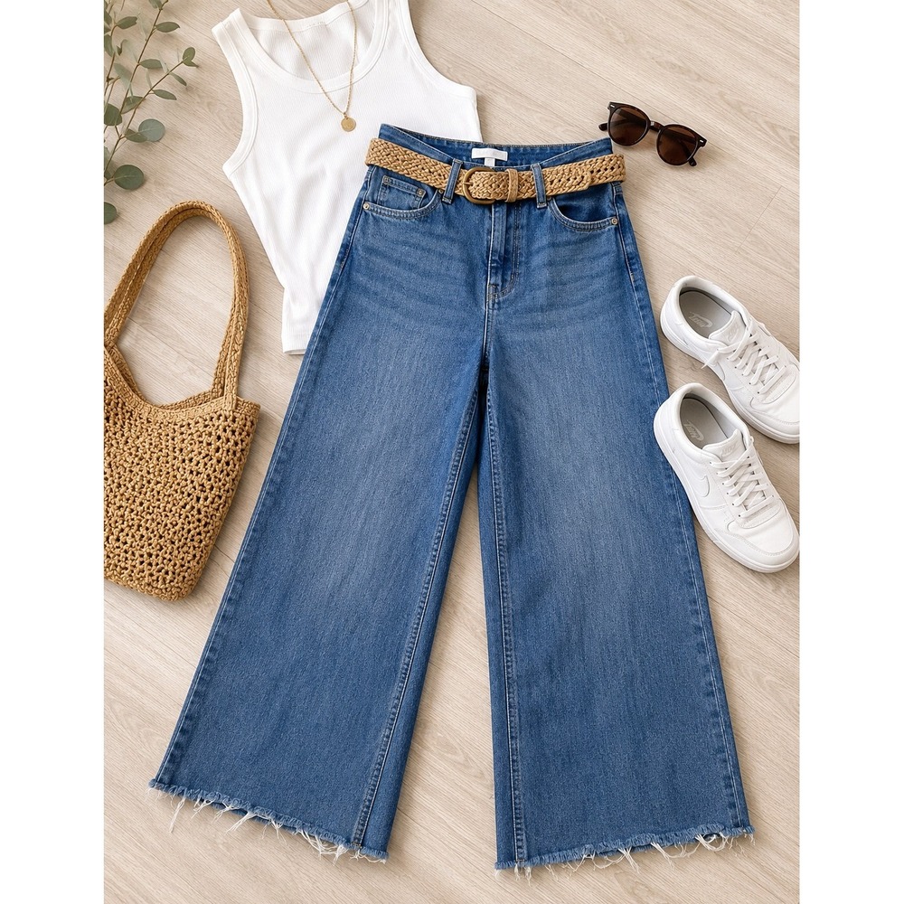 Arula Alter'd State Size 16 High Rise Wide Leg Jeans Raw Hem Blue Denim Y2K